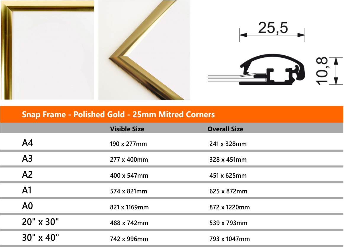 Snap Frame - Polished Gold - 25mm Profile - Signs for Churches